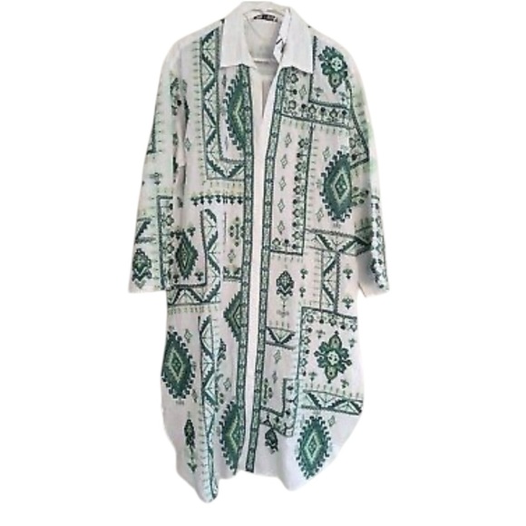 Zara White Green Embroidered Tunic Collared Shirt Dress Boho Cover Up size XL - Picture 2 of 15